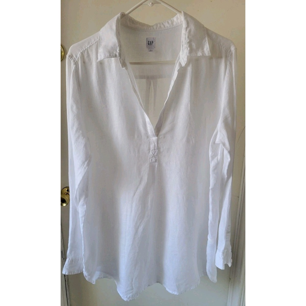 Gap Womens Large White 100% Linen Long Sleeve Tunic Popover Shirt V-Neck